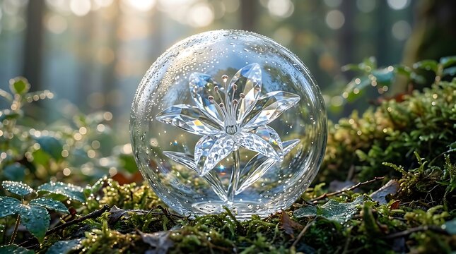 Clear glass crystal sphere with flower engraving resting on green moss in a sunny forest