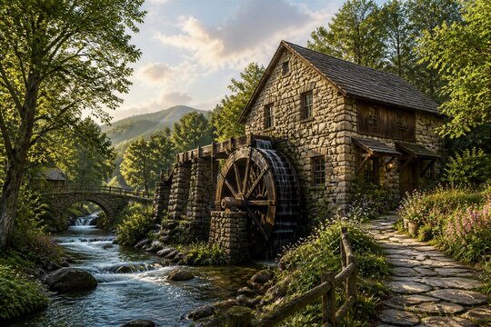 A water mill stands by a stream surrounded by trees and hills. A stone bridge lies near the house, with a walkway leading to it. The scene is lit by the sun in the late afternoon.