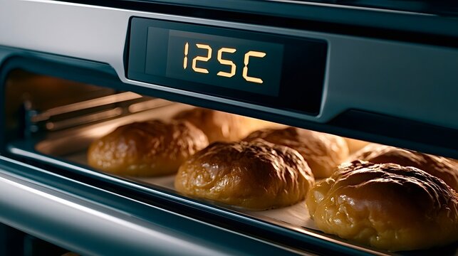Baking bread rolls in modern oven with temperature display