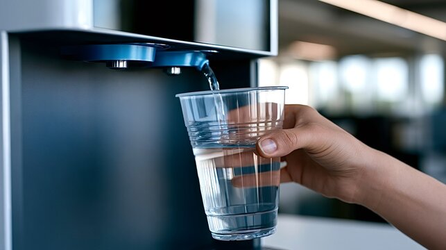 Hand filling plastic cup with fresh water from dispenser