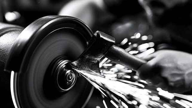 Hand sharpening axe blade on grinding wheel creating sparks