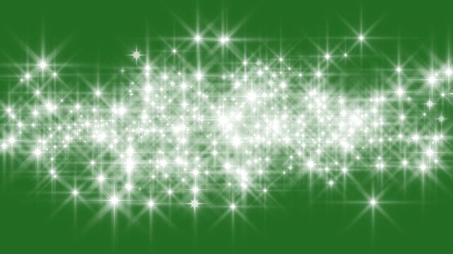 Glittering light star trail burst overlay green background, 2D flat sparkle effect overlay, starlight dust line, white cartoon blinking stars with luminous glow trails and smooth animation, 4k