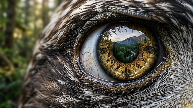 Extreme close up of a wolf eye reflecting a beautiful mountain forest landscape in nature
