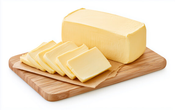 Wooden board with cut block of butter on white background