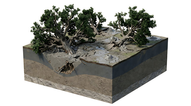 Isolated 3d cross section of a dry arid landscape with trees and soil layers