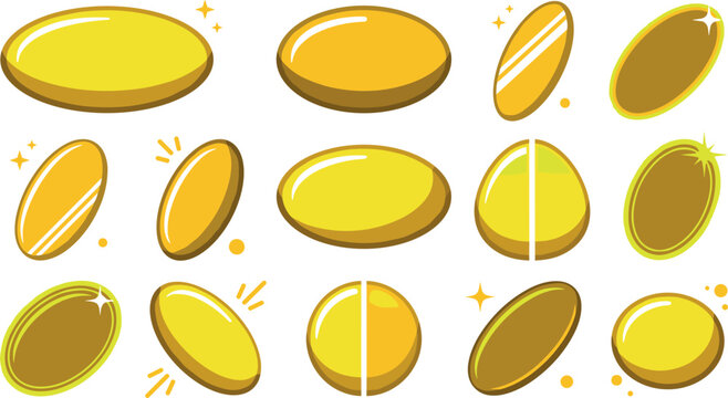 Golden gel capsule pills collection vector illustration of yellow oil softgels omega fish oil supplements vitamins and healthcare product icons set