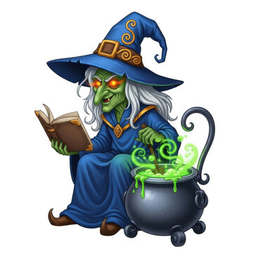 Spooky witch reading spell book next to bubbling potion cauldron