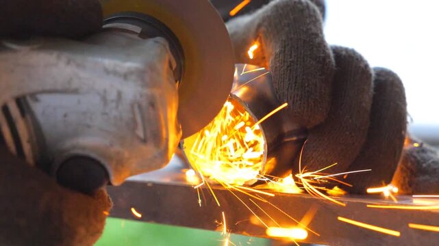 Detail view on metal processing with circular saw. Hands of mechanic holding instrument and grinding metal. Worker cutting iron detail in garage or workshop. Bright hot sparks flying around. Close up