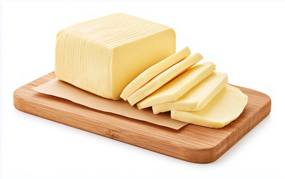 Wooden board with cut block of butter on white background