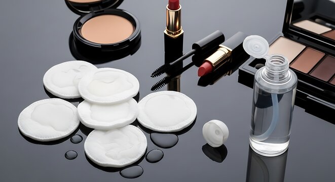 Beauty care routine setup with cotton pads micellar water bottle lipstick and eyeshadow palette on a reflective dark gray surface