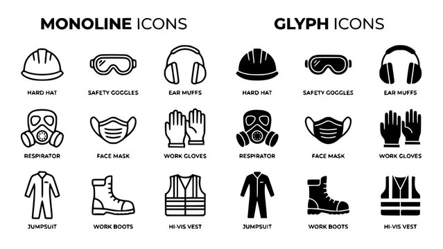 Set of personal protective equipment icons in both monoline and solid glyph design styles