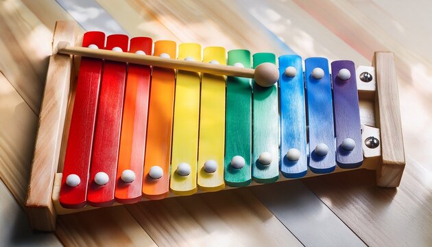 colorful wooden xylophone with rainbow bars and mallets playful musical toy inviting joyful play and creativity