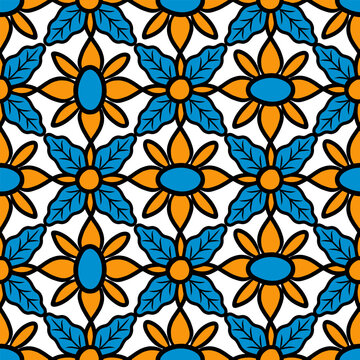 Seamless Mediterranean tile pattern with stylized floral ornament and leaves