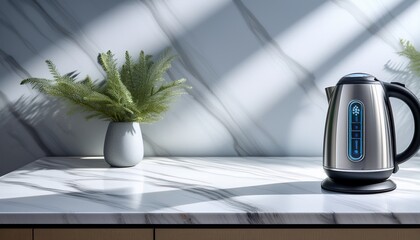 Fototapeta premium modern electric kettle rests on marble surface