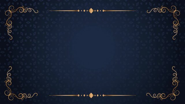 Elegant Royal Golden Frame Animation with Ornate Corners on Dark Blue Background.