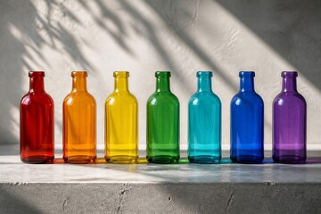 Obraz premium Brightly colored glass bottles stand in a row on a shelf. Natural light filters in from a window, casting shadows. The colors include red, orange, yellow, green, blue, and purple.