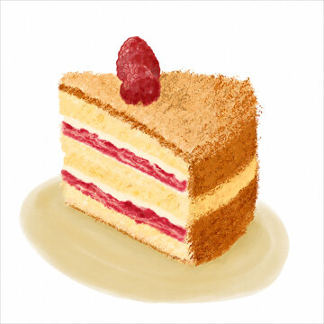 Delicious sponge cake slice with raspberry filling and fresh raspberry on top isolated on white background