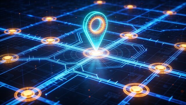Futuristic digital map with glowing location pin on interconnected network grid