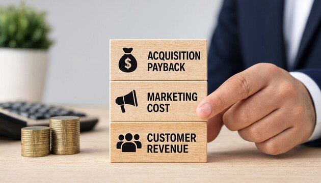 Business professional analyzing financial metrics with acquisition payback marketing cost and customer revenue blocks on desk