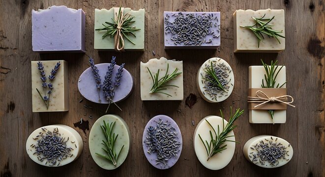 Collection of handmade artisan soaps decorated with dried lavender sprigs and rosemary leaves arranged on a rustic dark wooden table background