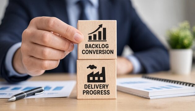 Business professional demonstrating backlog conversion and delivery progress with wooden blocks on office desk
