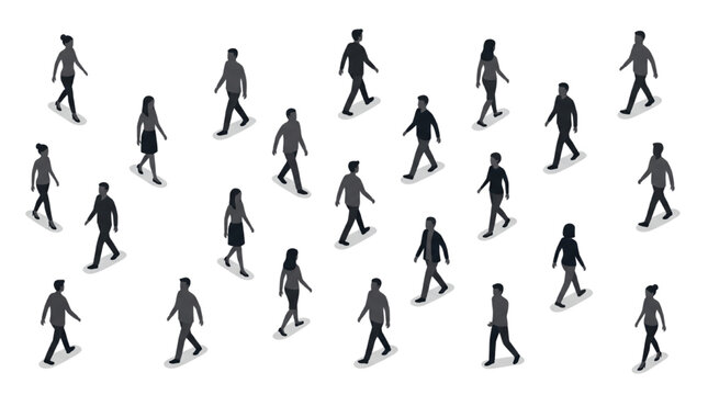 Isometric crowd of walking people silhouettes set vector illustration