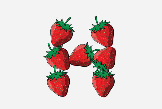Artistic arrangement of fresh red strawberries with green leaves forming the letter H against a neutral light gray background scene.
