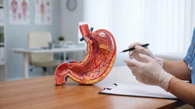 Doctor in gloves pointing at a stomach anatomical model on a desk during a medical consultation in a clinic