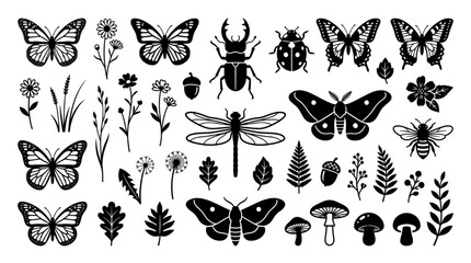 Hand Drawn Nature Elements Set with Butterflies Insects and Plant Silhouettes © Dileesha
