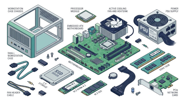Isometric view of internal computer hardware components for custom desktop assembly and building