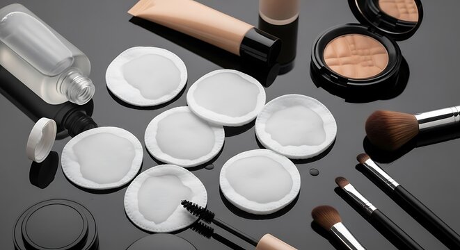 Collection of makeup tools including brushes, cotton pads, foundation, and powder compact arranged on a reflective dark grey glass surface background