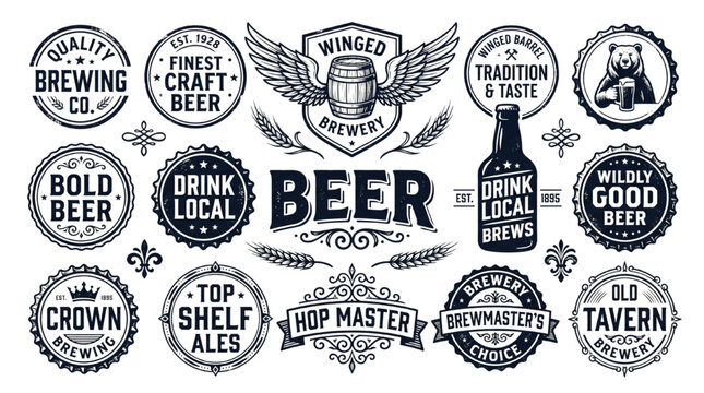 Retro beer labels set with vintage typography, emblems, and brewery design elements