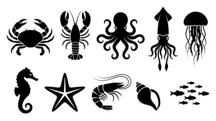 Set of Black Silhouette Sea Creature Icons Including Octopus, Crab, and Starfish © Dileesha