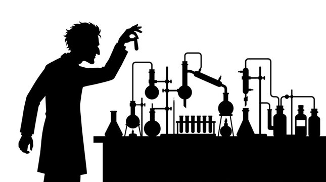 Silhouette of a mad scientist conducting a complex chemistry experiment in a laboratory