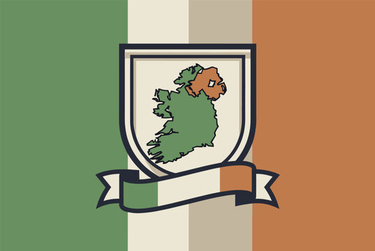 National emblem of Ireland featuring a green map silhouette on a shield over the irish tricolor flag with a decorative ribbon below.