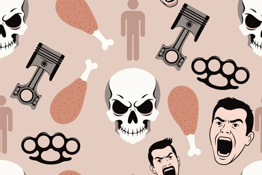 Unusual seamless pattern featuring human skulls, angry faces, chicken drumsticks, brass knuckles, and engine pistons on a tan background.