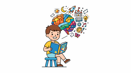 Young boy reading a book with creative ideas above his head.