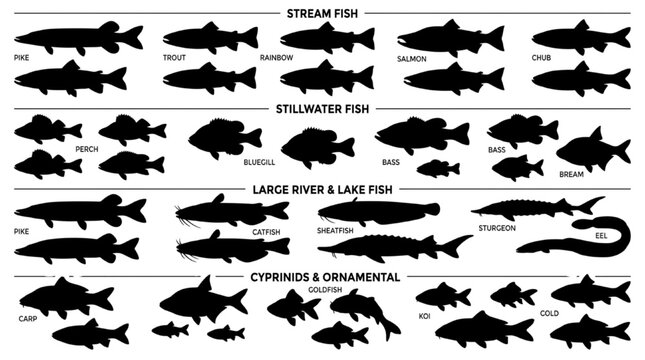 Various Types of Freshwater and Saltwater Fish Silhouettes for Design