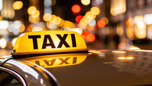 Urban taxi cab illuminated at night with city lights in background