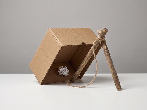 A cardboard box trap set with a wooden stick on a white surface.