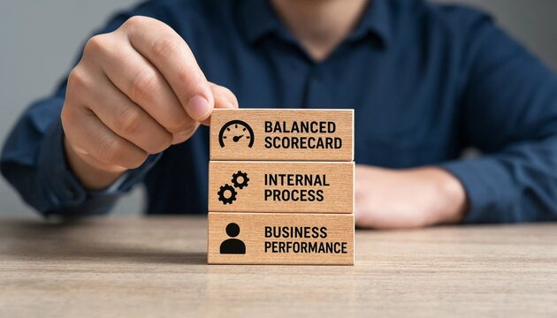 Person demonstrating balanced scorecard concept with internal process and business performance wooden blocks on table