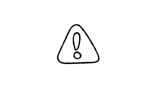 Animated 4K caution warning sign doodle icon with line boil effect. Hand drawn line art on black and green screen backgrounds for hazard alert, traffic safety, road notice, and risk edits.