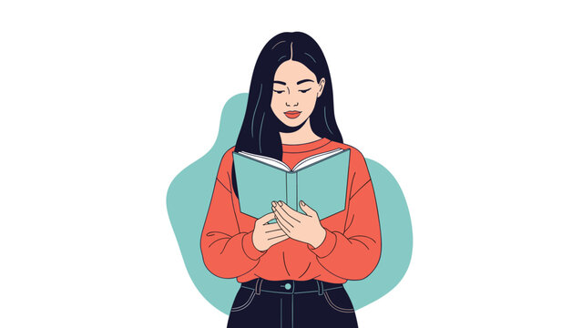 Studious young woman with long dark hair deeply immersed in reading a book against a simple white and blue background.
