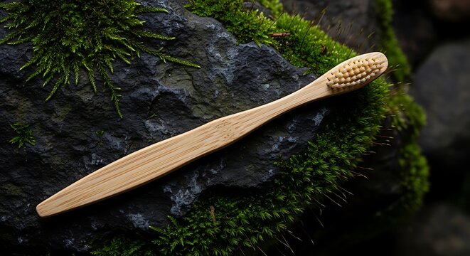 Eco friendly bamboo toothbrush resting on a dark wet stone covered in green moss in a natural forest setting with soft lighting