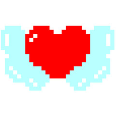 Fototapeta premium A pixel art red heart icon with light blue angel wings isolated for valentine day graphic design retro gaming element and romantic concept