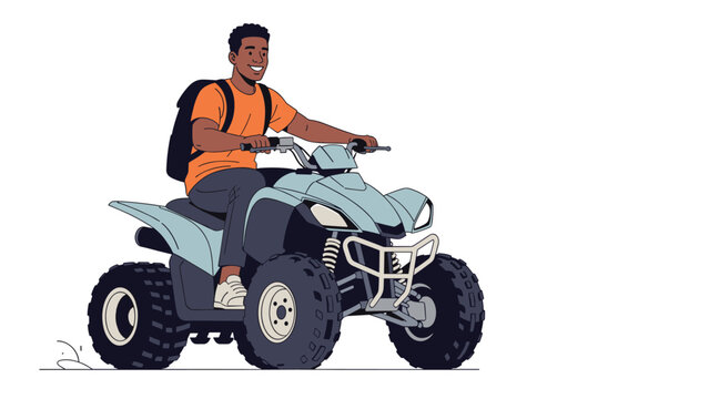 Happy young man with a backpack riding a light blue all-terrain vehicle through an open area against a white background.