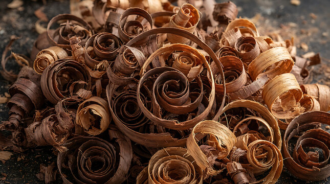 Pile of spiral wood shavings and carpentry sawdust on dark background