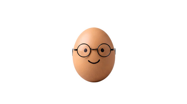 A cute brown chicken egg with a happy face and glasses isolated on transparent background