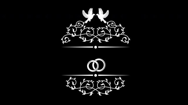 Elegant white wedding invitation decorative frame animation with doves and rings.
