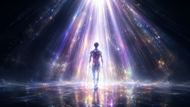 Futuristic Human Figure Standing Under Celestial Light Beams in Cosmic Portal, Spiritual Awakening Concept